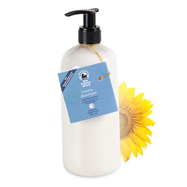 Produkt Bio Stutenmilch Creme Duschgel 500ml, mit Sonnenblume, Hintergrund weiß