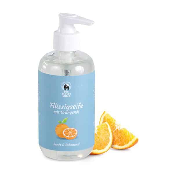 Produkt Bio Stutenmilch Flüssigseife 250ml, mit Orangenöl, Hintergrund weiß
