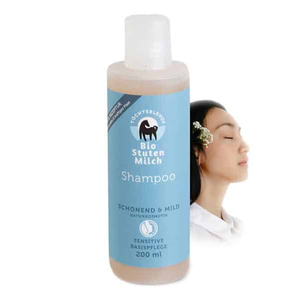 Produkt Bio Stutenmilch Haarshampoo 200ml, Natrue Bio, mit Frau, Hintergrund weiß