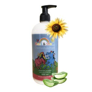 Produkt Stutenmilch Creme Duschgel 500ml, Stuti & Stam, mit Aloe Vera uns Sonnenblume, Hintergrund weiß