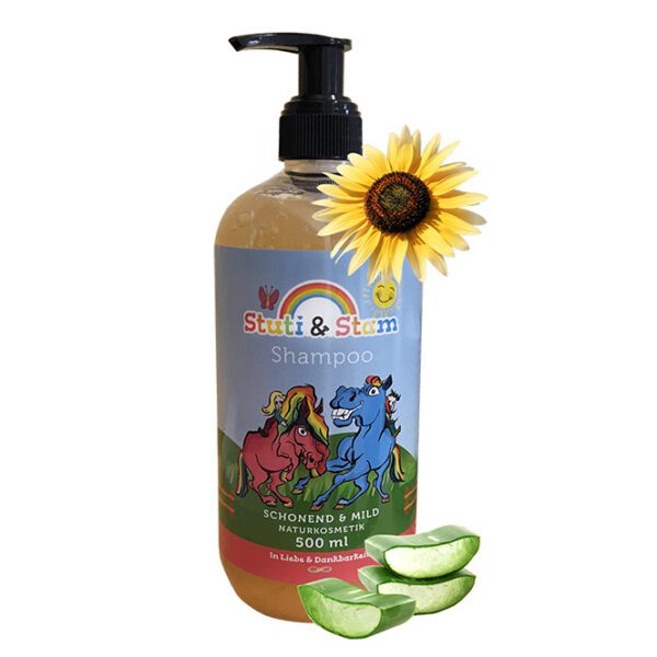 Produkt Stutenmilch Haarschampoo 500ml, Stuti & Stam, mit Aloe Vera uns Sonnenblume, Hintergrund weiß