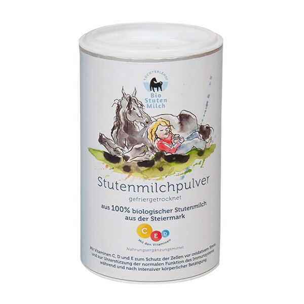 Produkt Bio Stutenmilchpulver 100g, mit Verpackung, Hintergrund weiß